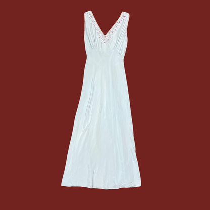 (S) 30s/40s Yolande Baby Blue Silk Embroidered Polka Dot Maxi Slip Dress