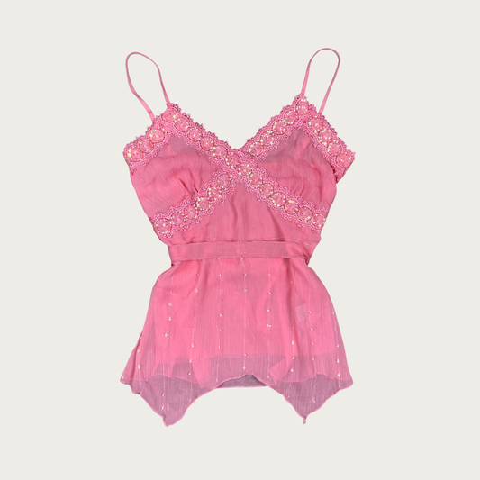 (M/L) Y2K Pink Beaded Sequin Mesh Cami