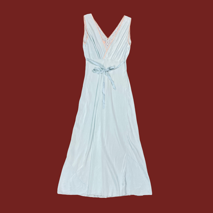 (S) 30s/40s Yolande Baby Blue Silk Embroidered Polka Dot Maxi Slip Dress
