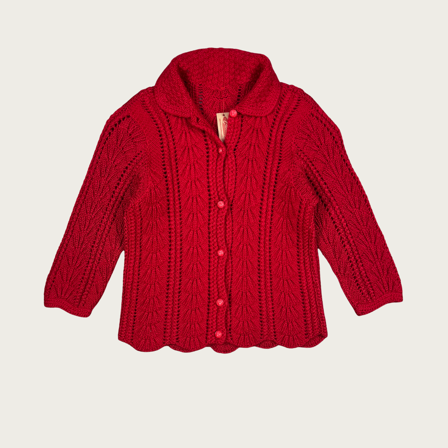 (XS) Red Knit Scalloped Hem Cardigan