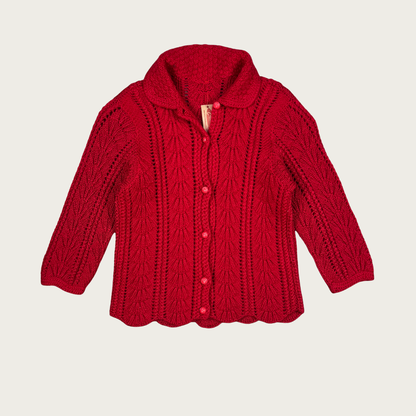(XS) Red Knit Scalloped Hem Cardigan