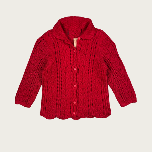 (XS) Red Knit Scalloped Hem Cardigan