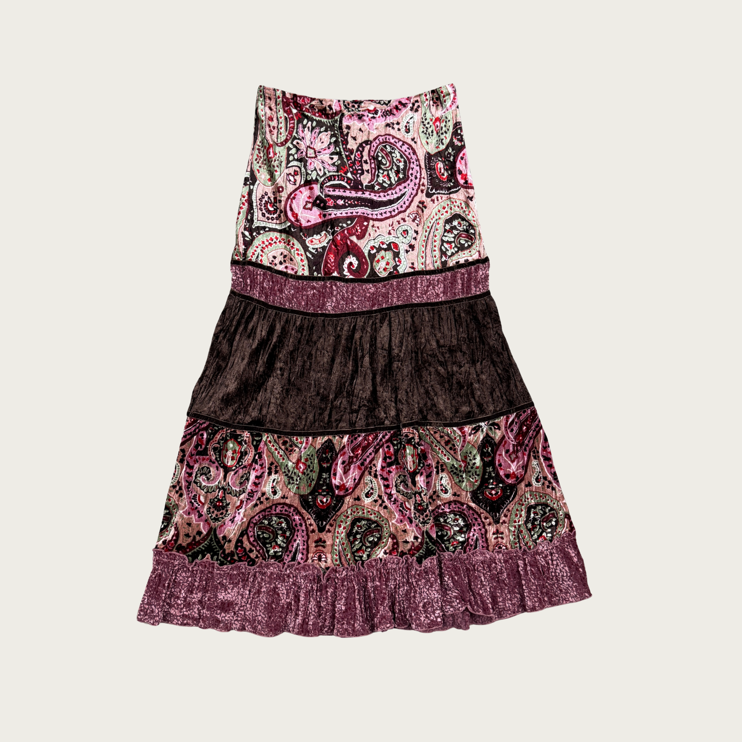 (S) Y2K Velvet Paisley Tiered Maxi Skirt