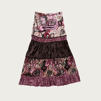(S) Y2K Velvet Paisley Tiered Maxi Skirt