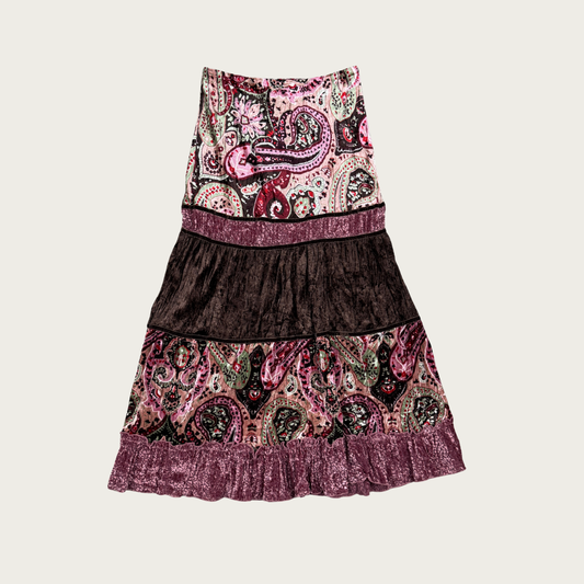 (S) Y2K Velvet Paisley Tiered Maxi Skirt