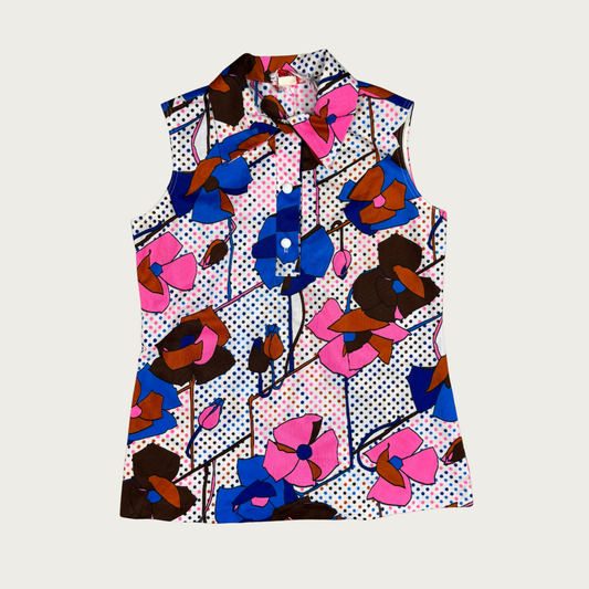(M) 60s/70s Pink/Blue Floral Tunic Top