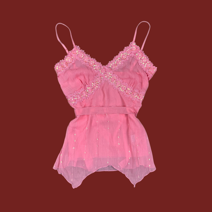 (M/L) Y2K Pink Beaded Sequin Mesh Cami