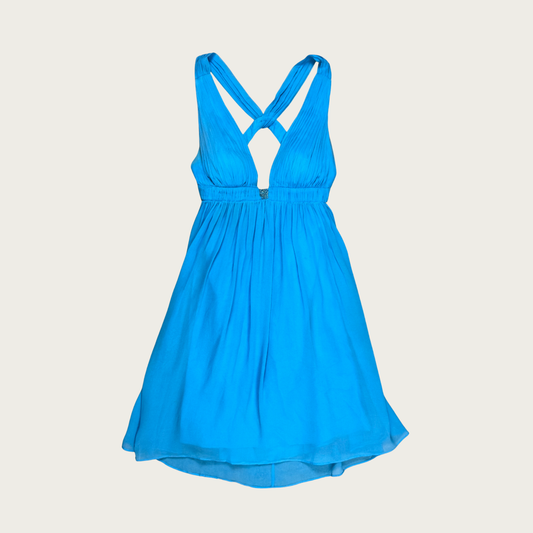 (S) Y2K Blue Silk Backless Beaded Midi Dress