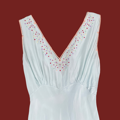 (S) 30s/40s Yolande Baby Blue Silk Embroidered Polka Dot Maxi Slip Dress