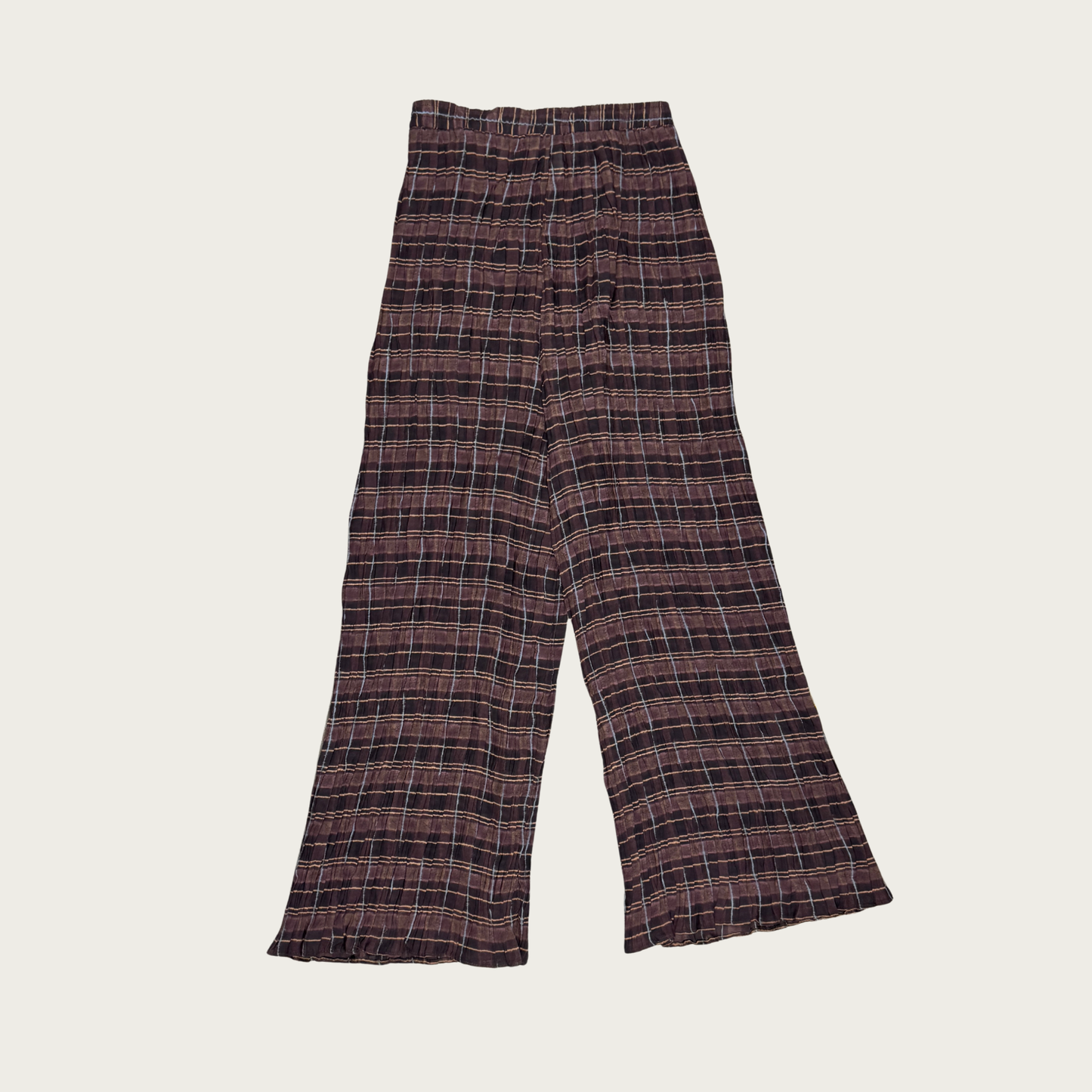 (S) 90s/Y2K Sheer Plaid Wide Leg Crinkle Pants