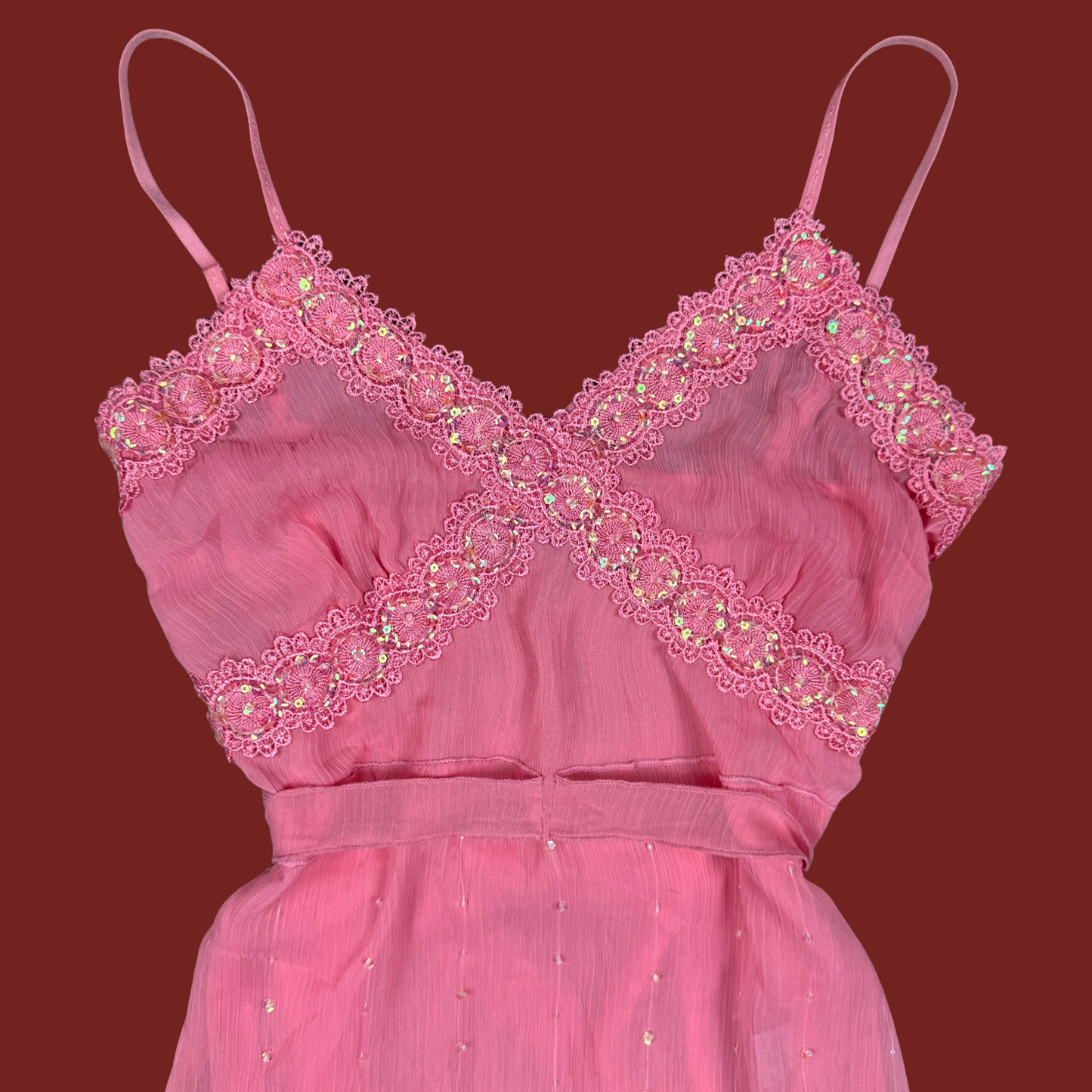 (M/L) Y2K Pink Beaded Sequin Mesh Cami