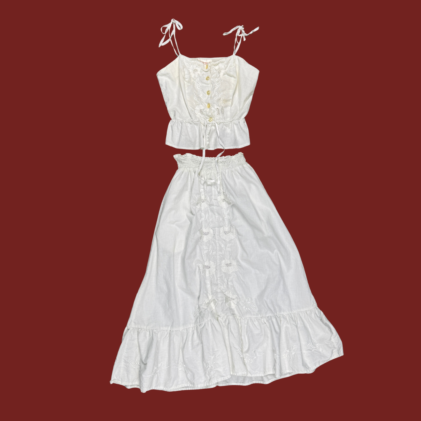 (S) 70s White Embroidered Cotton Eyelet Set