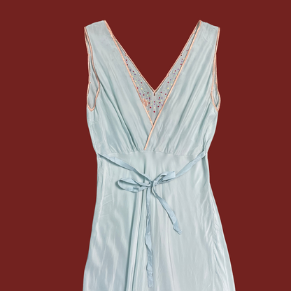 (S) 30s/40s Yolande Baby Blue Silk Embroidered Polka Dot Maxi Slip Dress