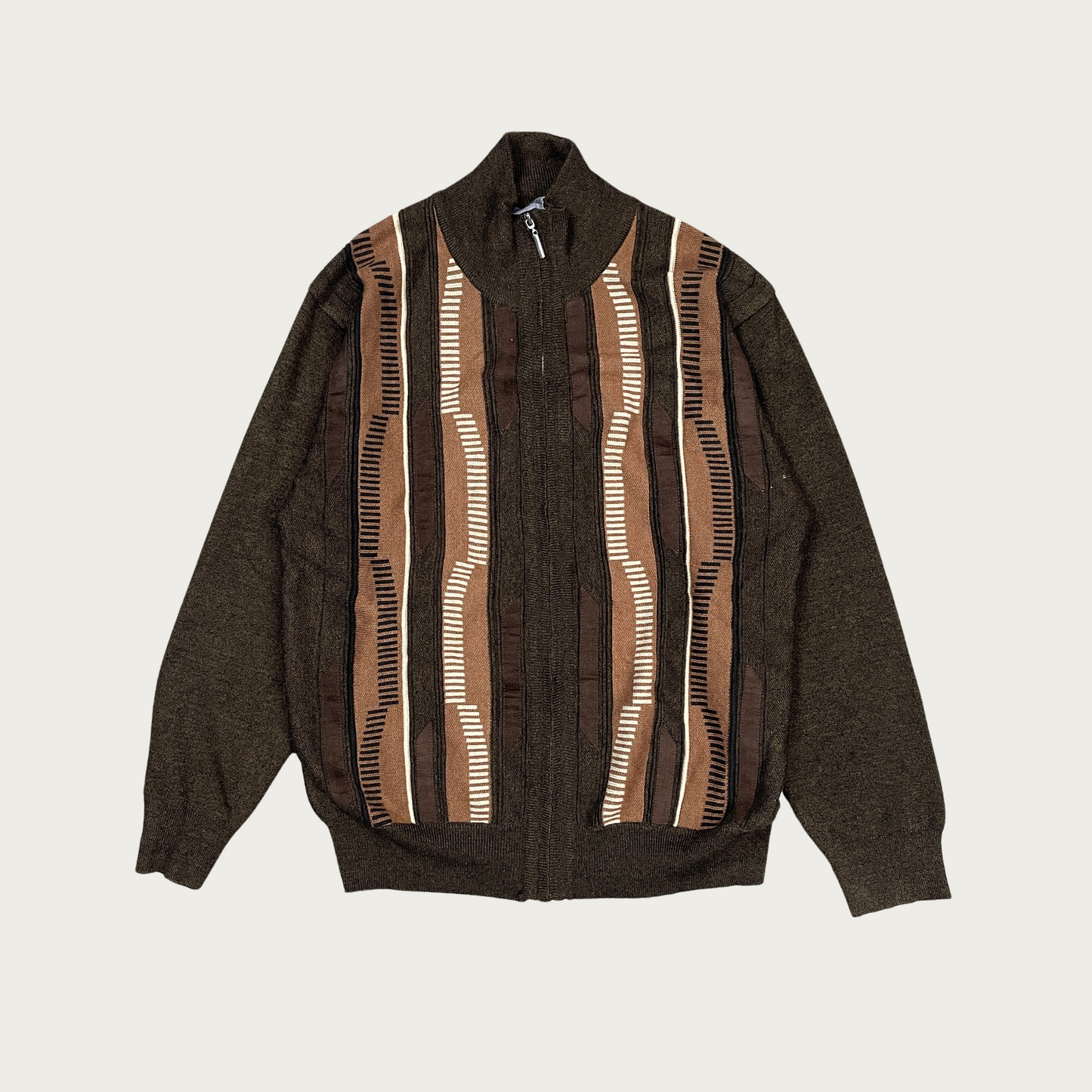 (L) Brown Abstract Pattern Zip Up Sweater