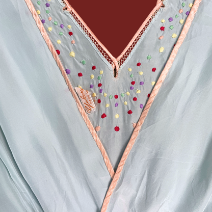(S) 30s/40s Yolande Baby Blue Silk Embroidered Polka Dot Maxi Slip Dress