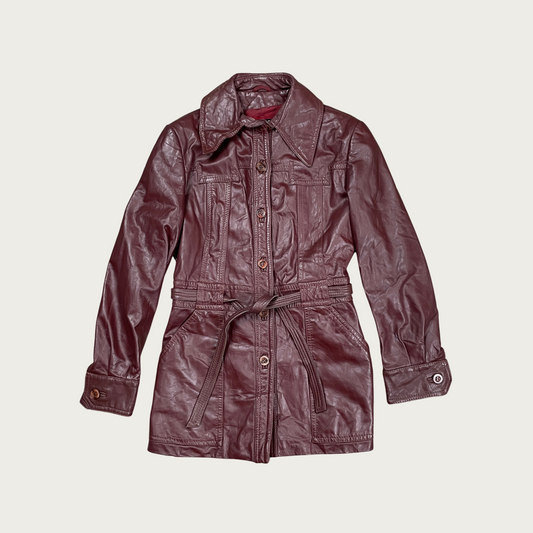 (S) Burgundy Belted Leather Jacket