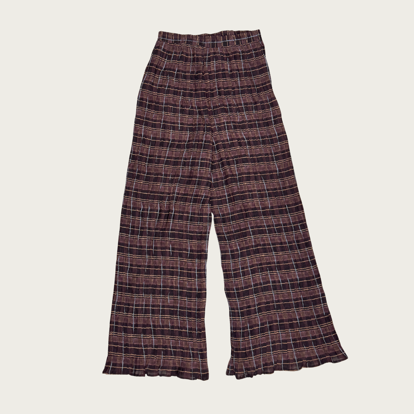 (S) 90s/Y2K Sheer Plaid Wide Leg Crinkle Pants