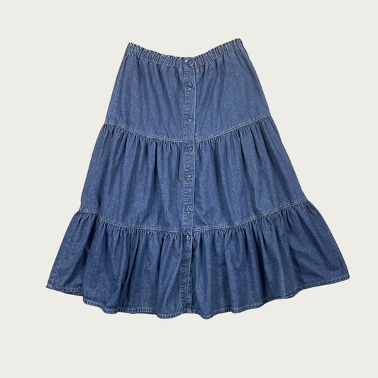 (L/XL) Tiered Denim Button Up Midi Skirt