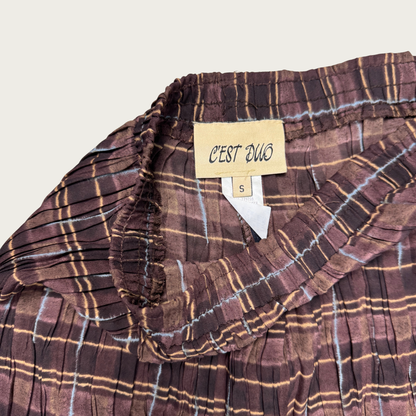 (S) 90s/Y2K Sheer Plaid Wide Leg Crinkle Pants