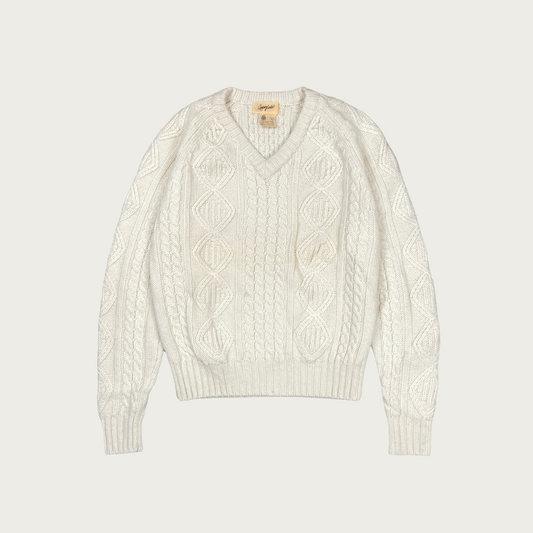 (L) Cream Cable Knit V-Neck Sweater