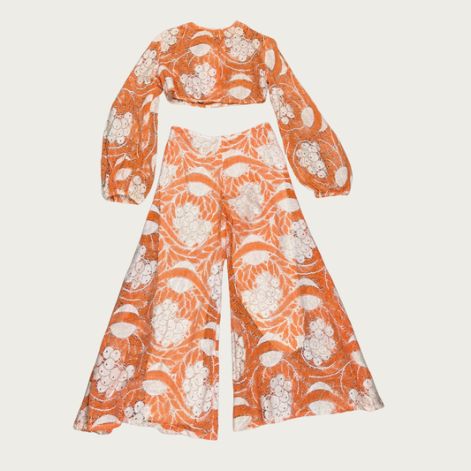 (M) 70s Orange/White Crop Top and Bell Bottom Set