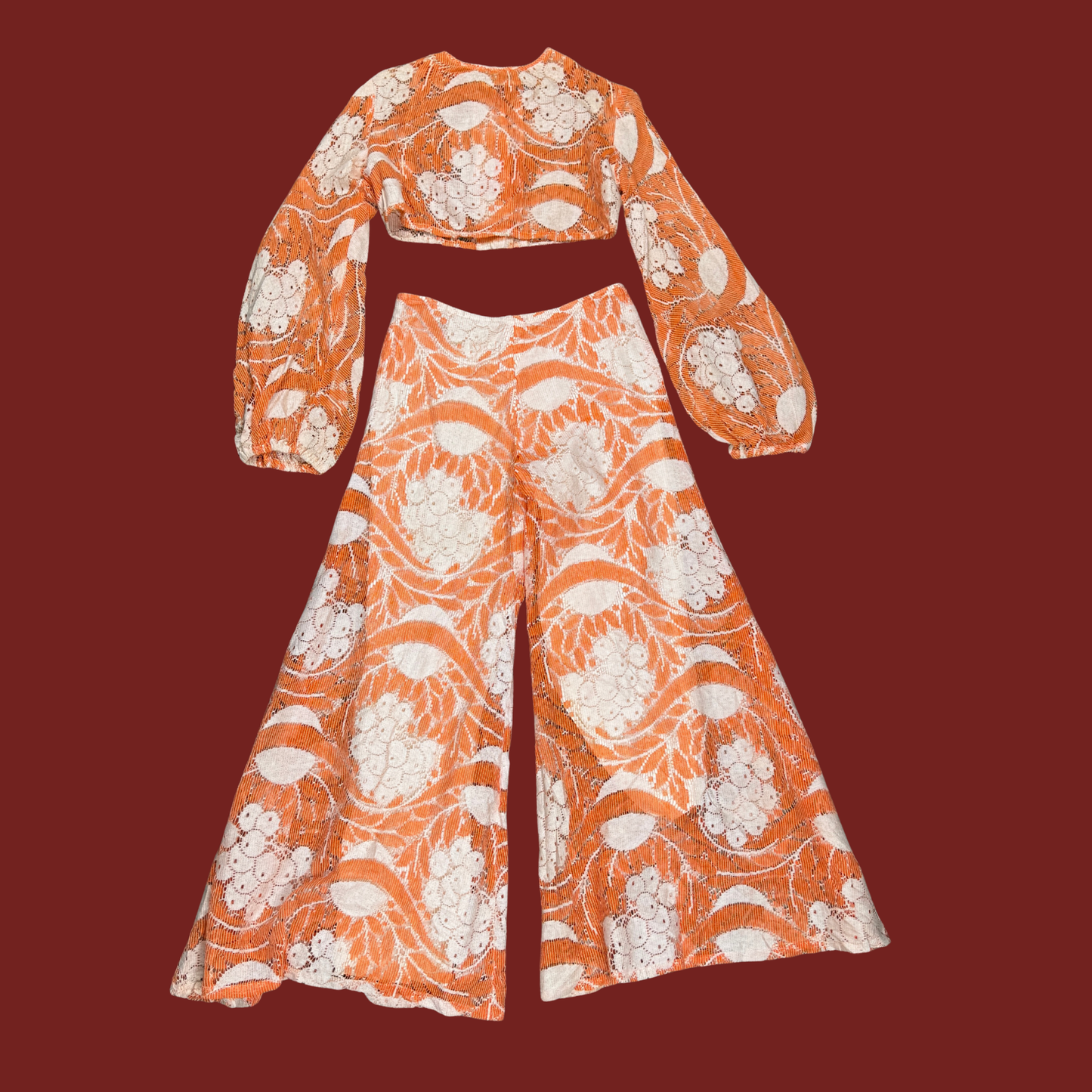 (M) 70s Orange/White Crop Top and Bell Bottom Set