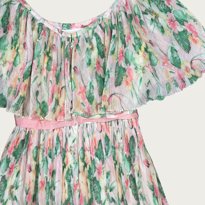 (S) 70s Georgette Pleat Floral Maxi Dress