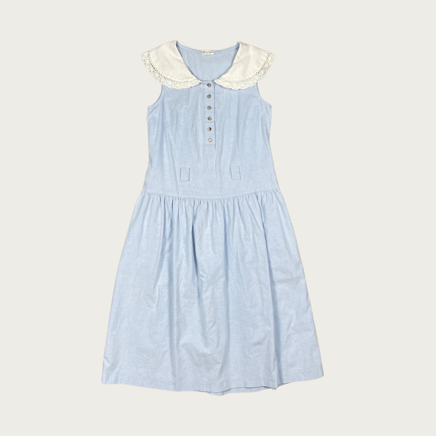 (S) 70s Blue Drop Waist Petter Pan Collar Midi Dress