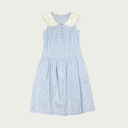 (S) 70s Blue Drop Waist Petter Pan Collar Midi Dress