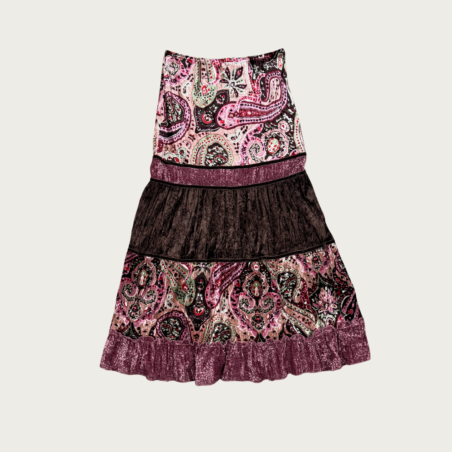 (S) Y2K Velvet Paisley Tiered Maxi Skirt