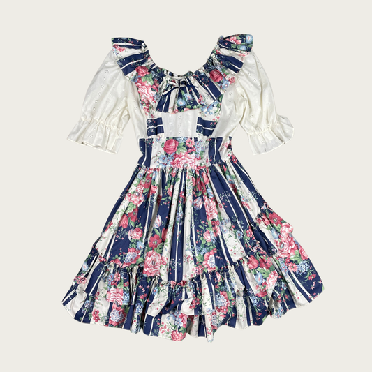 (M) Navy/Multicolor Floral Ruffle Square Dancing Dress