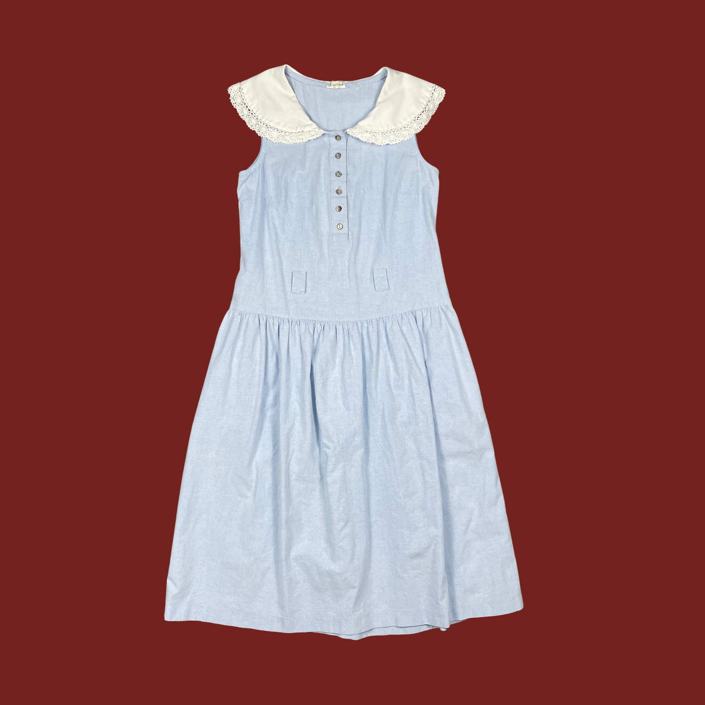 (S) 70s Blue Drop Waist Petter Pan Collar Midi Dress