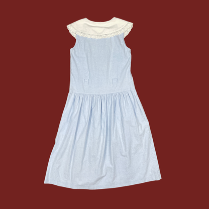 (S) 70s Blue Drop Waist Petter Pan Collar Midi Dress