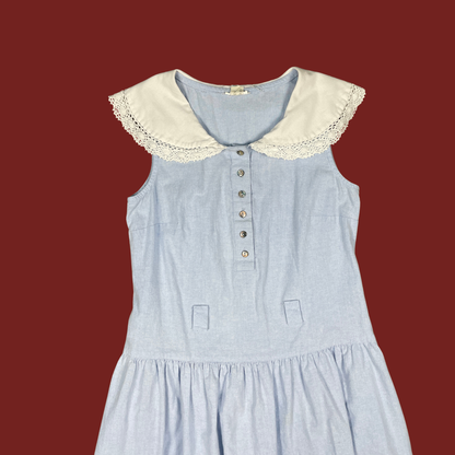 (S) 70s Blue Drop Waist Petter Pan Collar Midi Dress