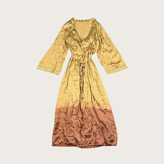 (L) Y2K Tan/Rust Silk Maxi Slip/Robe Set