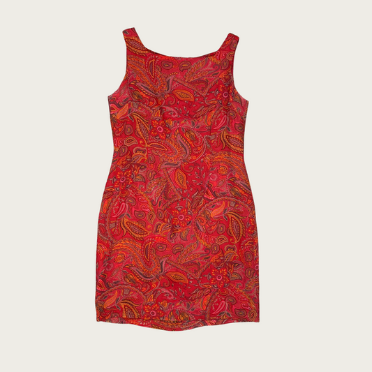 (M) Silk Red/Orange Paisley Print Mini Dress