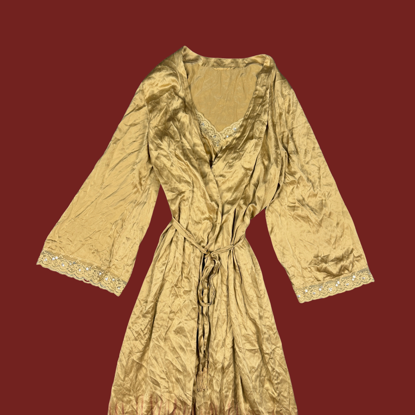 (L) Y2K Tan/Rust Silk Maxi Slip/Robe Set
