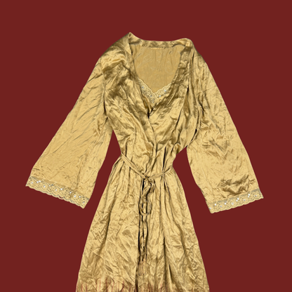 (L) Y2K Tan/Rust Silk Maxi Slip/Robe Set