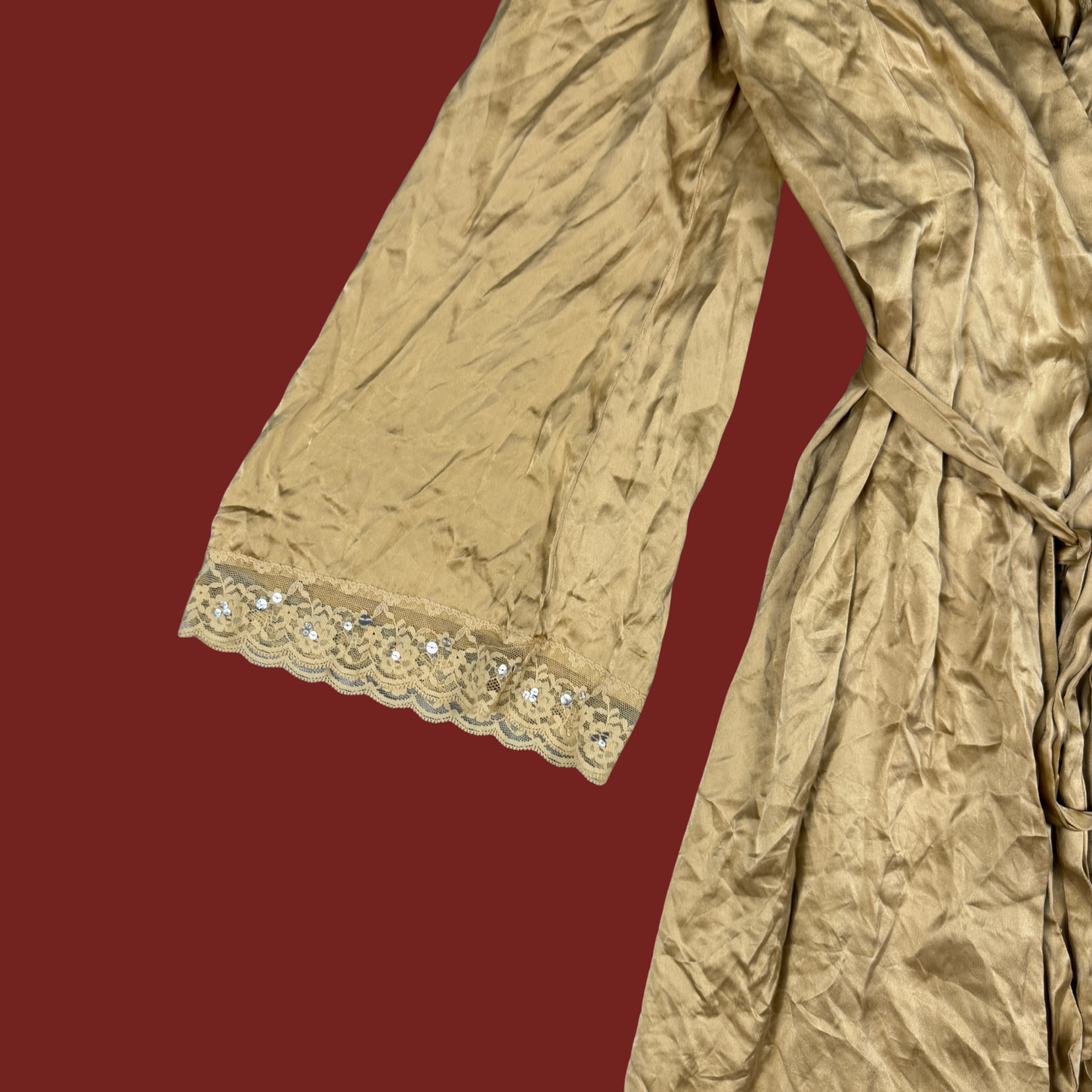 (L) Y2K Tan/Rust Silk Maxi Slip/Robe Set