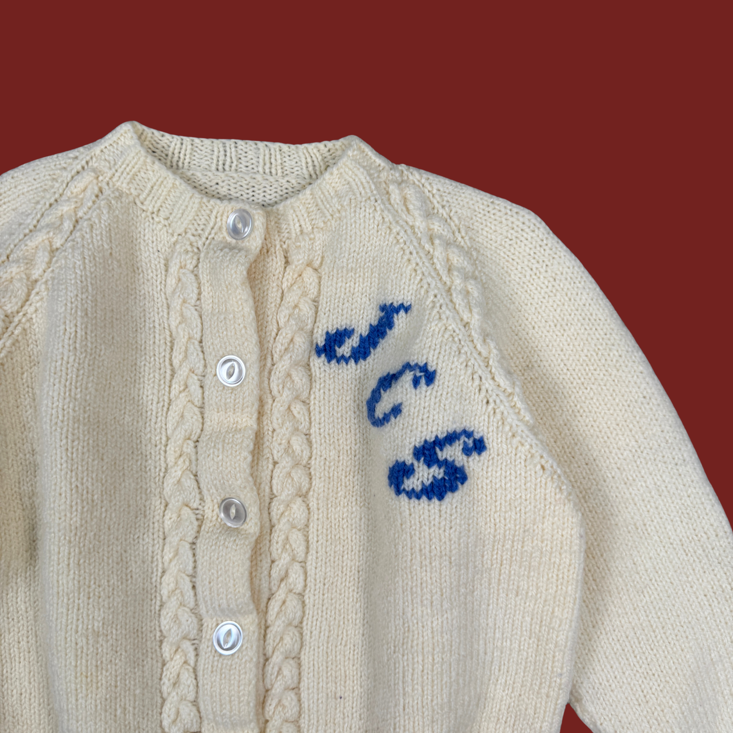 (XXS/XS) 60s Cream/Blue Initials Cardigan
