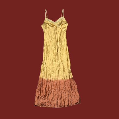 (L) Y2K Tan/Rust Silk Maxi Slip/Robe Set