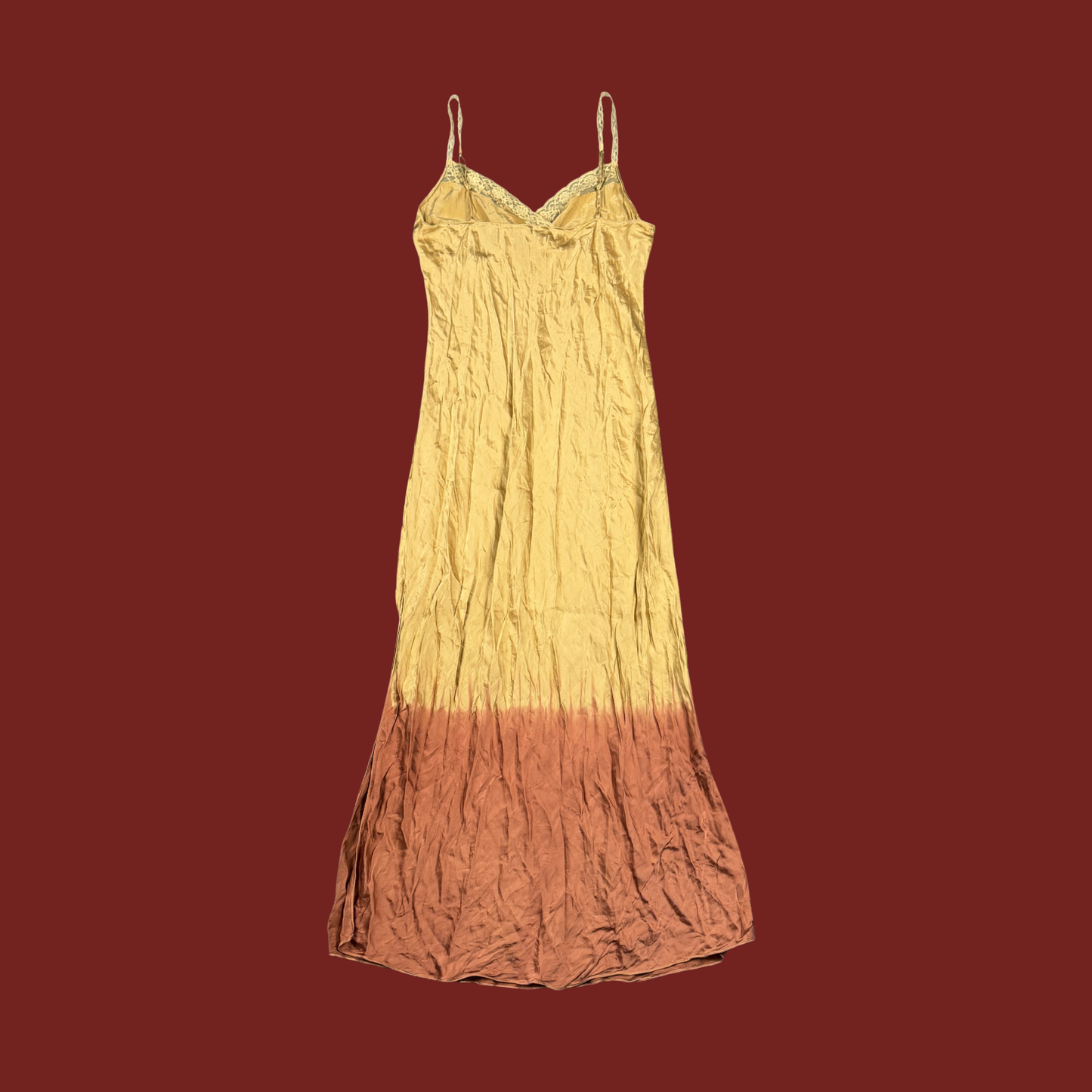 (L) Y2K Tan/Rust Silk Maxi Slip/Robe Set