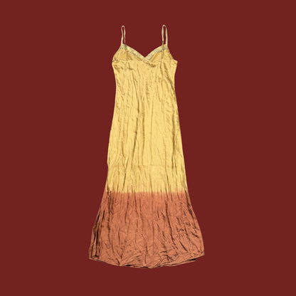 (L) Y2K Tan/Rust Silk Maxi Slip/Robe Set