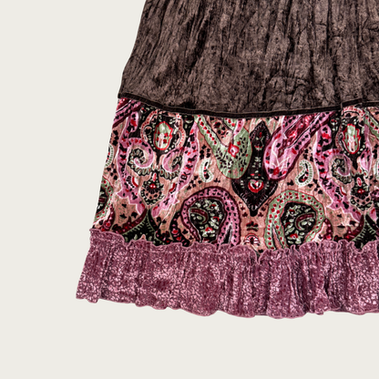 (S) Y2K Velvet Paisley Tiered Maxi Skirt