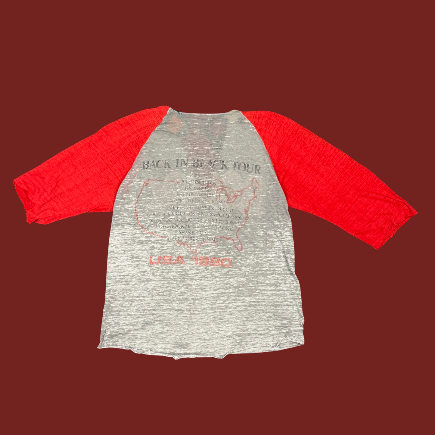 (S/M) 1980 AC/DC Back In Black Tour Thrashed Raglan Tee