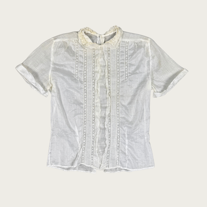 (S/M) 70s Delicate White Crochet Trim Blouse