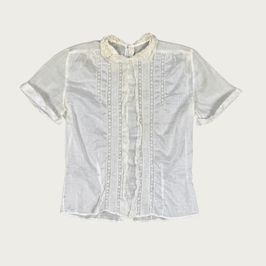 (S/M) 70s Delicate White Crochet Trim Blouse