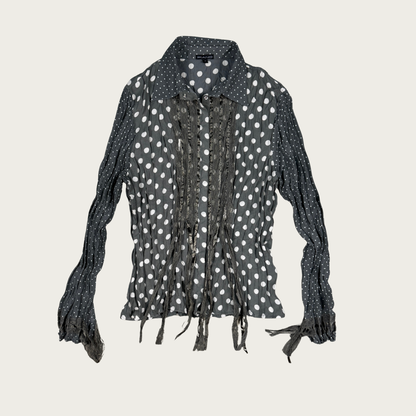 (M) 90s Green/Cream Polka Dot Lace Fringe Trim Blouse