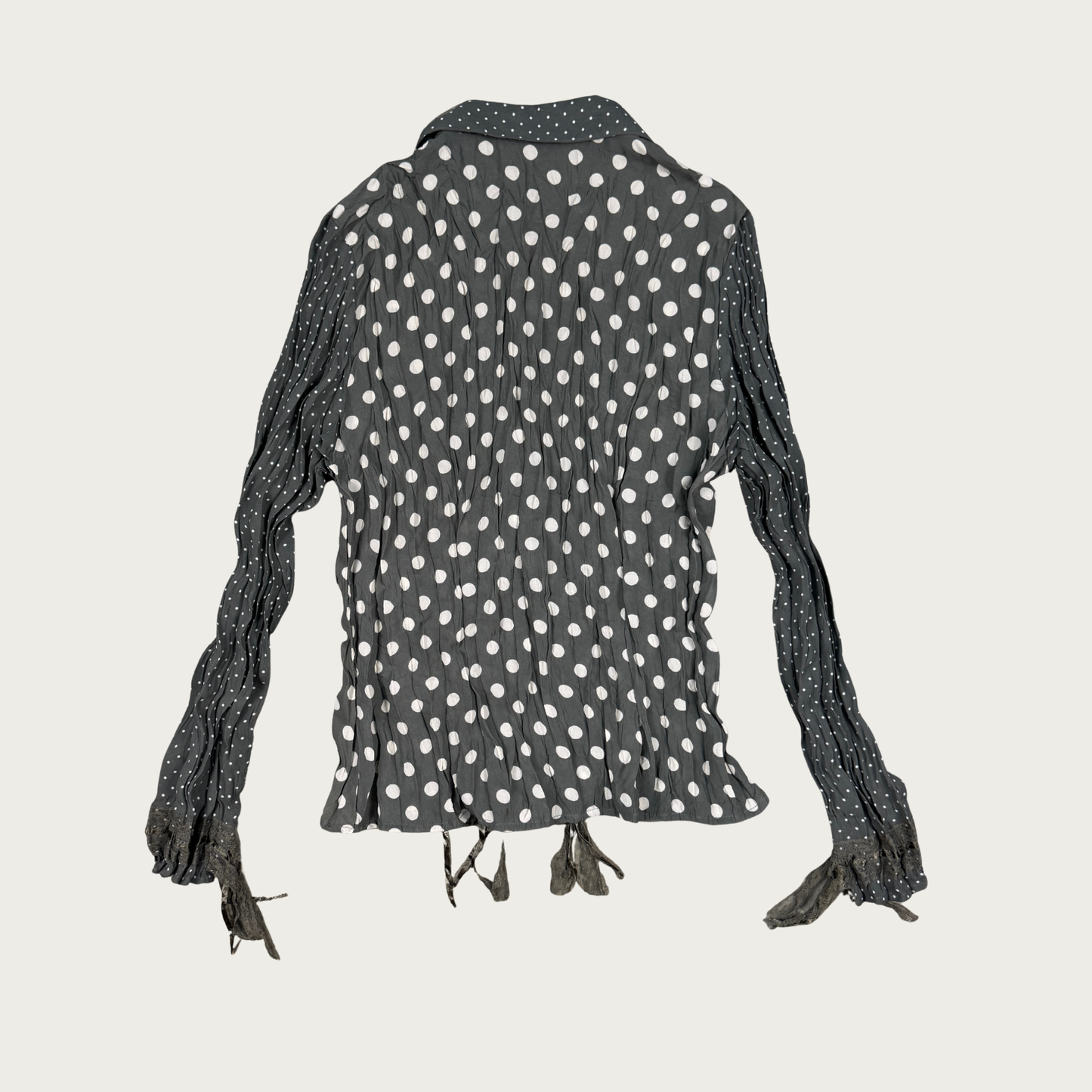 (M) 90s Green/Cream Polka Dot Lace Fringe Trim Blouse
