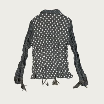 (M) 90s Green/Cream Polka Dot Lace Fringe Trim Blouse